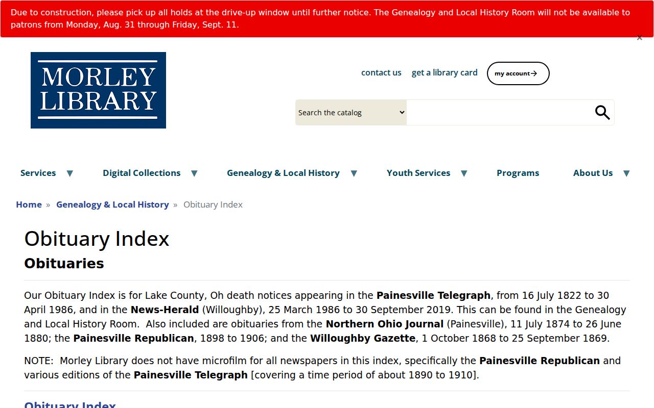 Painesville city directory Morley Library obituary index research access