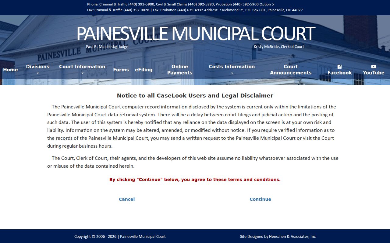 Painesville residents directory Municipal Court CaseLook search page
