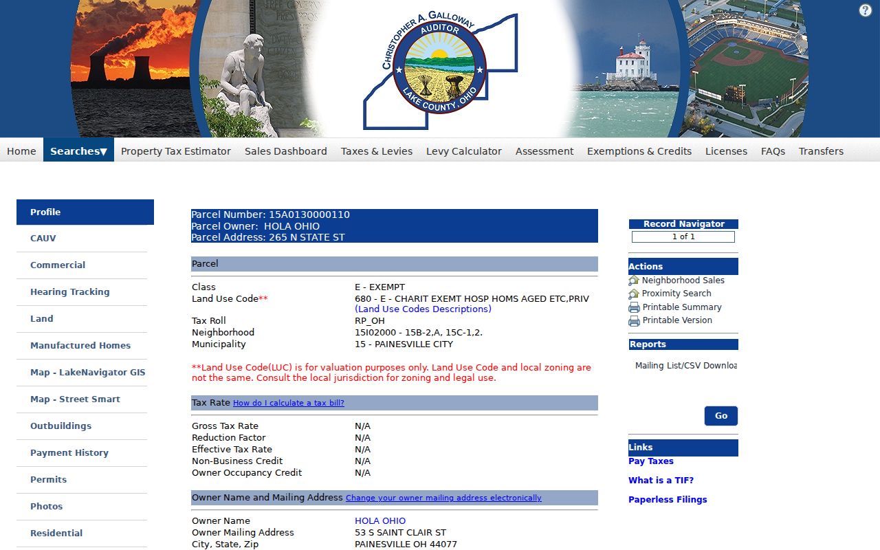Painesville street directory example Lake County parcel record